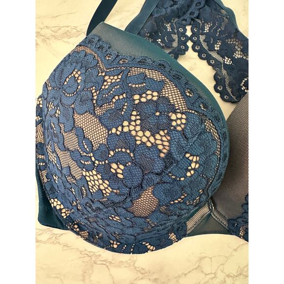 Fredericks of Hollywood Pola Bra 36F Halter Back Push Up Lace Plunge Blue Sexy - Picture 6 of 7